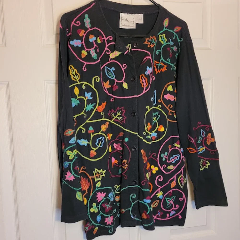SOLD: Michael Simon Lite Embroidered Floral Johnny Was Style Top Shacket Boho L - Picture 2 of 10